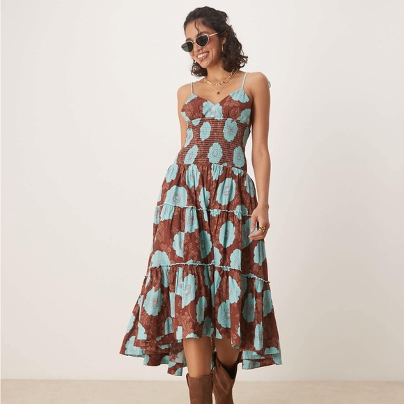 Free People Dresses & Skirts - Free People Brown and Aqua Floral Tiered Midi Dress